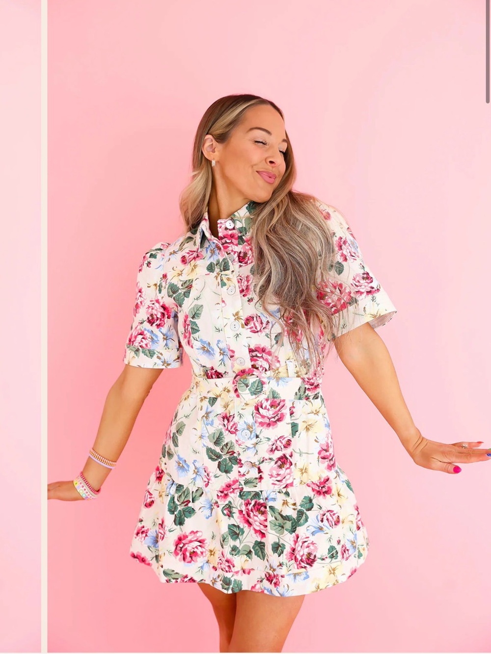 Floral Button-Front Shirt Dress in Cream and Pink